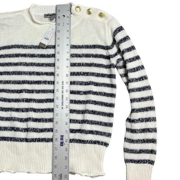 J Crew Sweater WMNS XS White Linen Blend Relaxed Beach Striped Gold Buttons - Picture 3 of 13